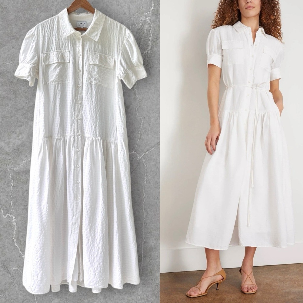 Tanya Taylor Women's Large White Tiered Collared Midi Sheath Carrington Dress